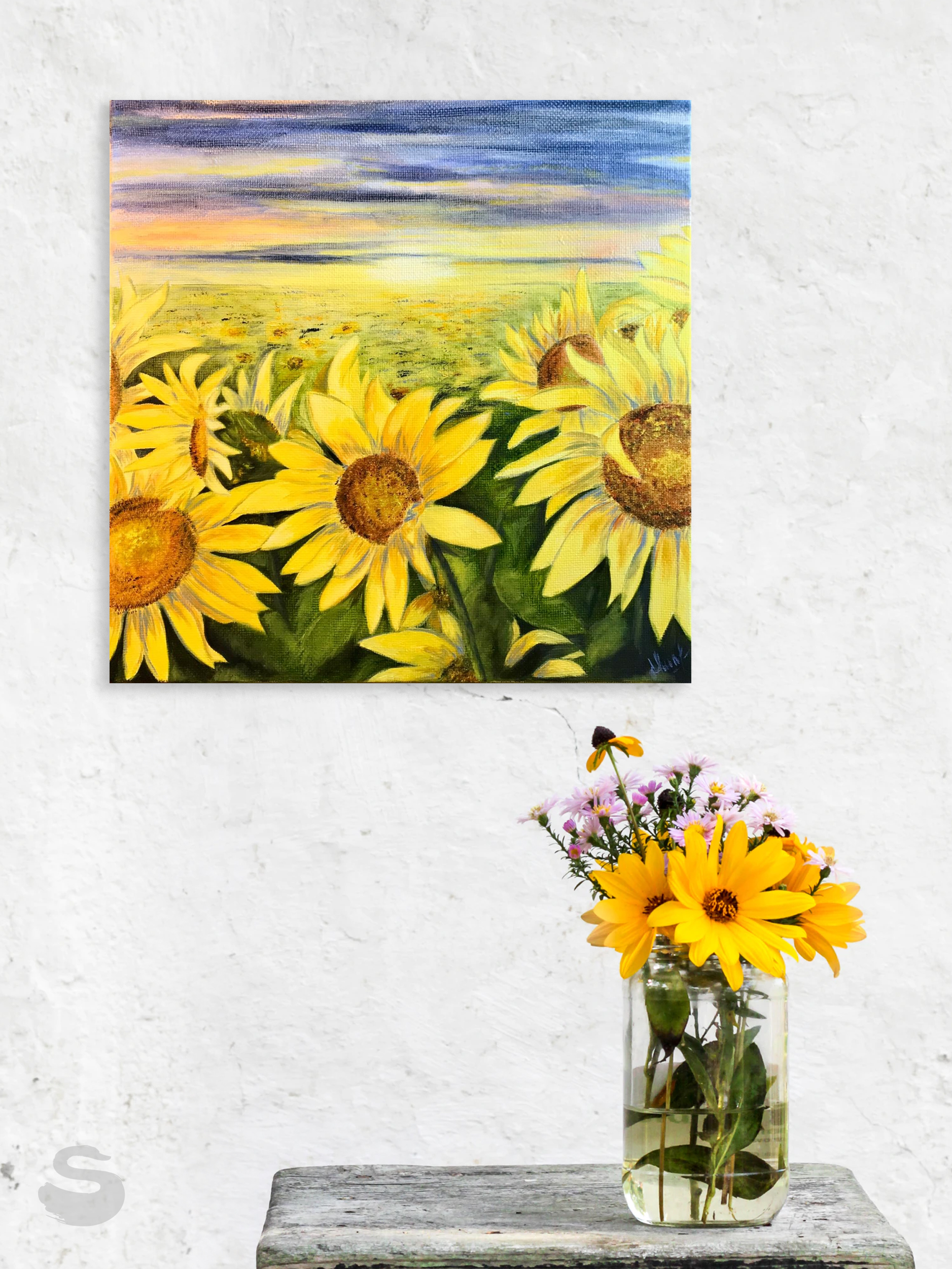 Sunflowers Floral Original oil painting on canvas board 5x7